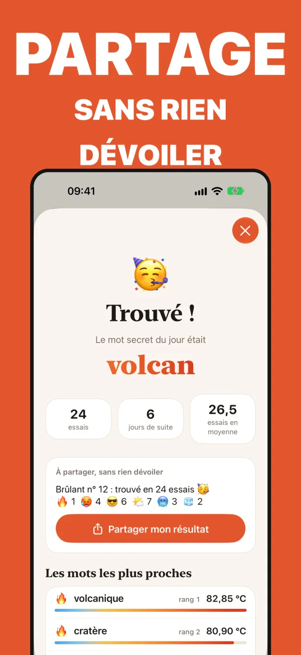 Le mot secret trouvé, avec le nombre d'essais et le bouton Partager