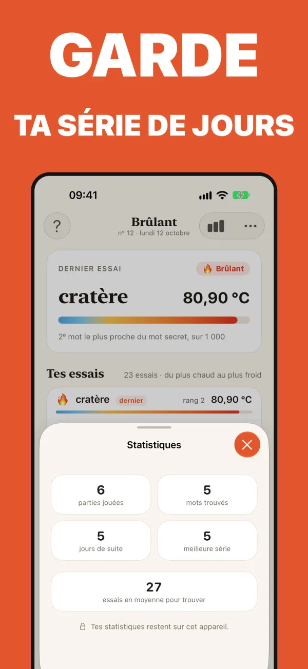 Les statistiques : parties gagnées, série en cours, meilleure série, moyenne d'essais