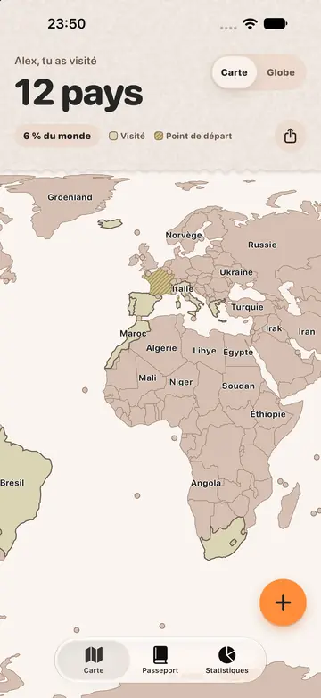 L'écran Carte de Souvenir : le compteur de pays, la part du monde et le nom de chaque pays sur la carte.