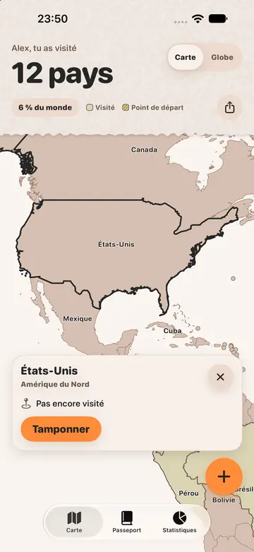 La fiche des États-Unis dans Souvenir, avec le bouton Tamponner.