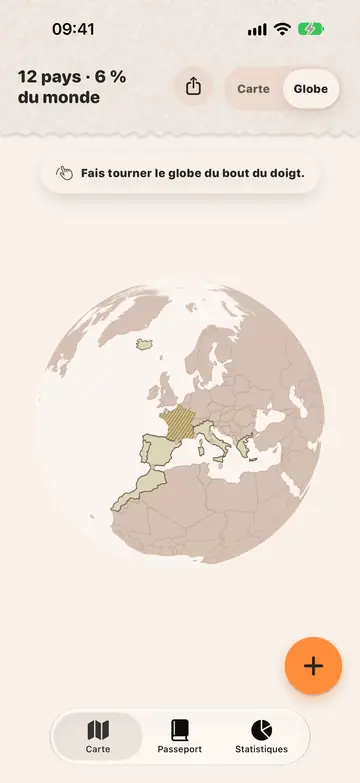 Le globe de Souvenir, avec les pays visités en couleur.