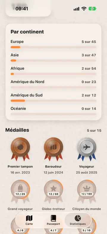 L'écran Statistiques de Souvenir : la progression par continent et les médailles.